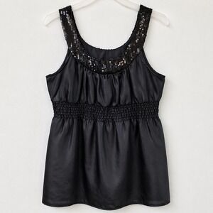 Y2K Studio Y Sequin Satin Tank Top Womens L Black Smocked Waist Going Out Party